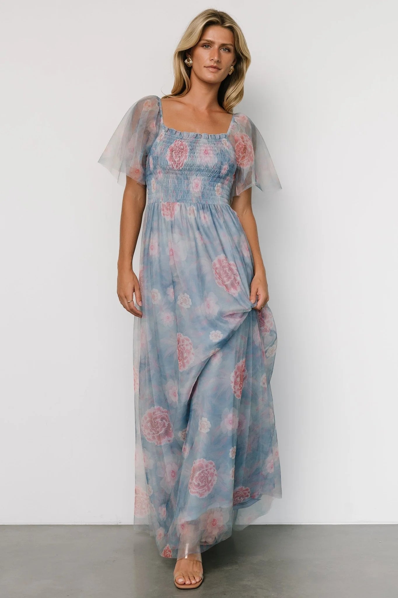 Cassandra Tulle Maxi Dress | Light Blue + Pink Floral