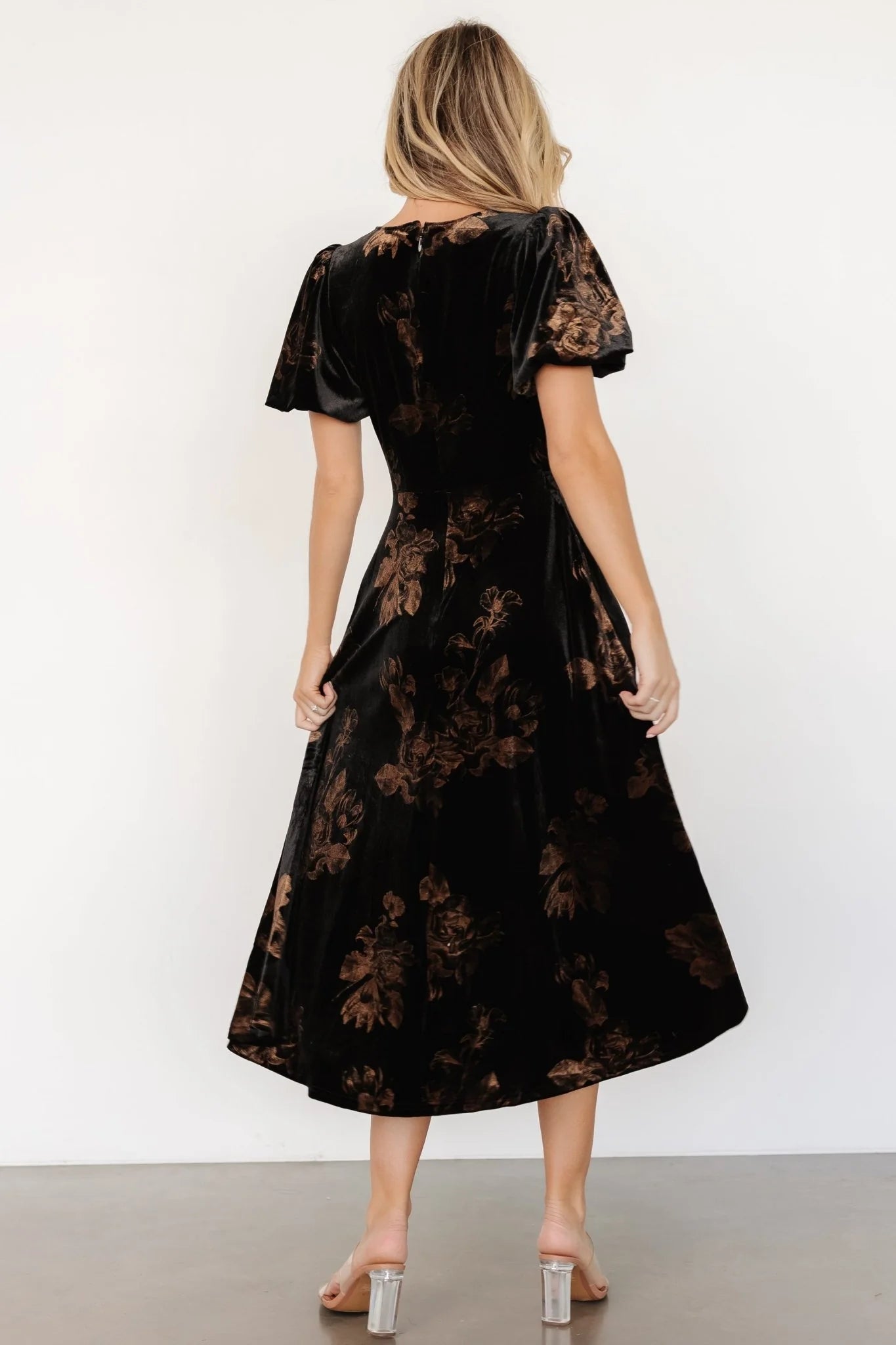 Janna Velvet Midi Dress | Black + Bronze Floral