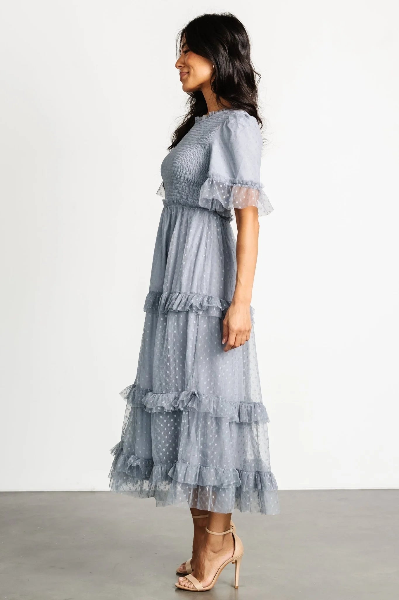 Lysandra Smocked Dot Dress | Dusty Slate