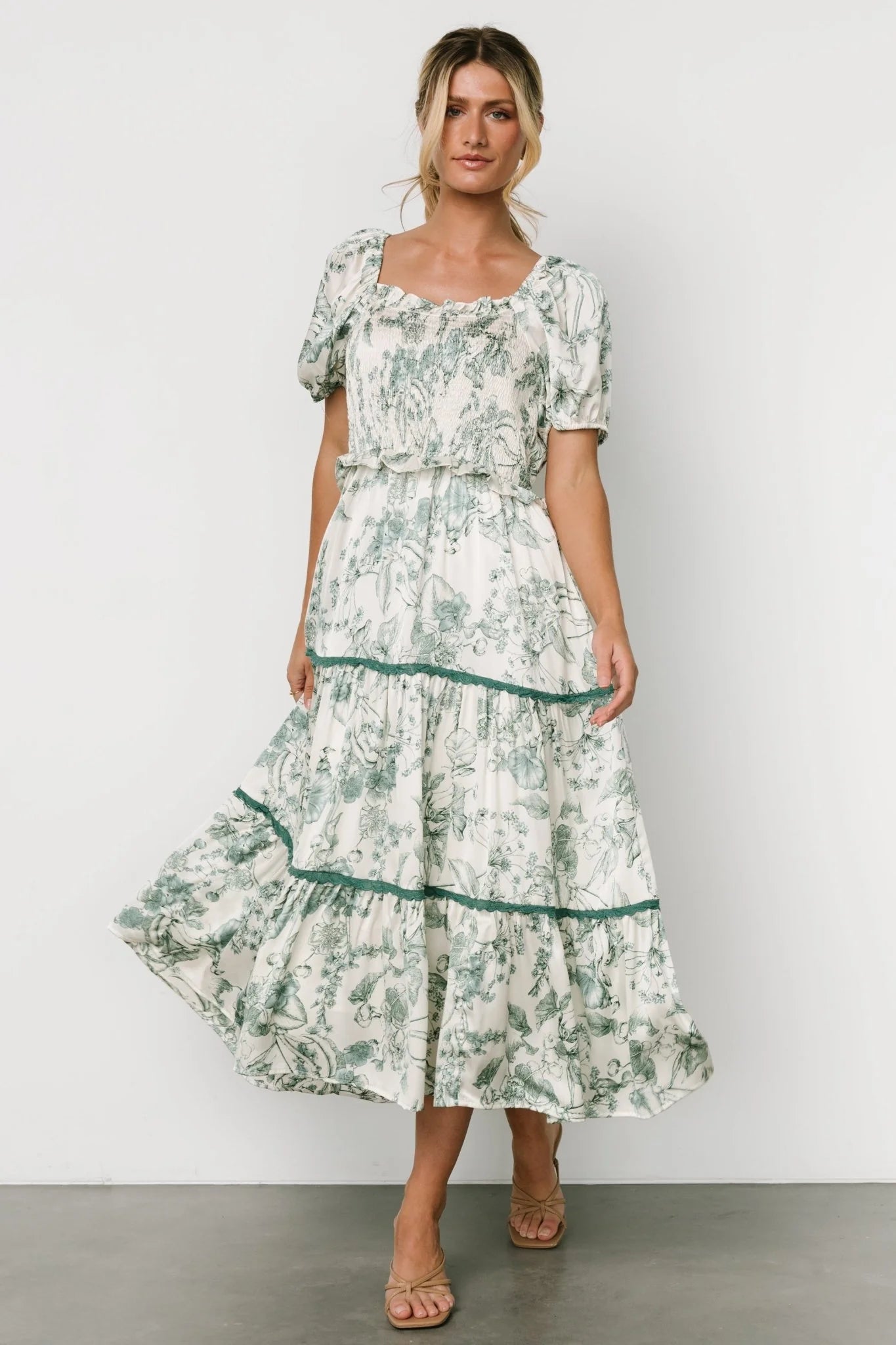 Ruthie Tiered Midi Dress | Green Print