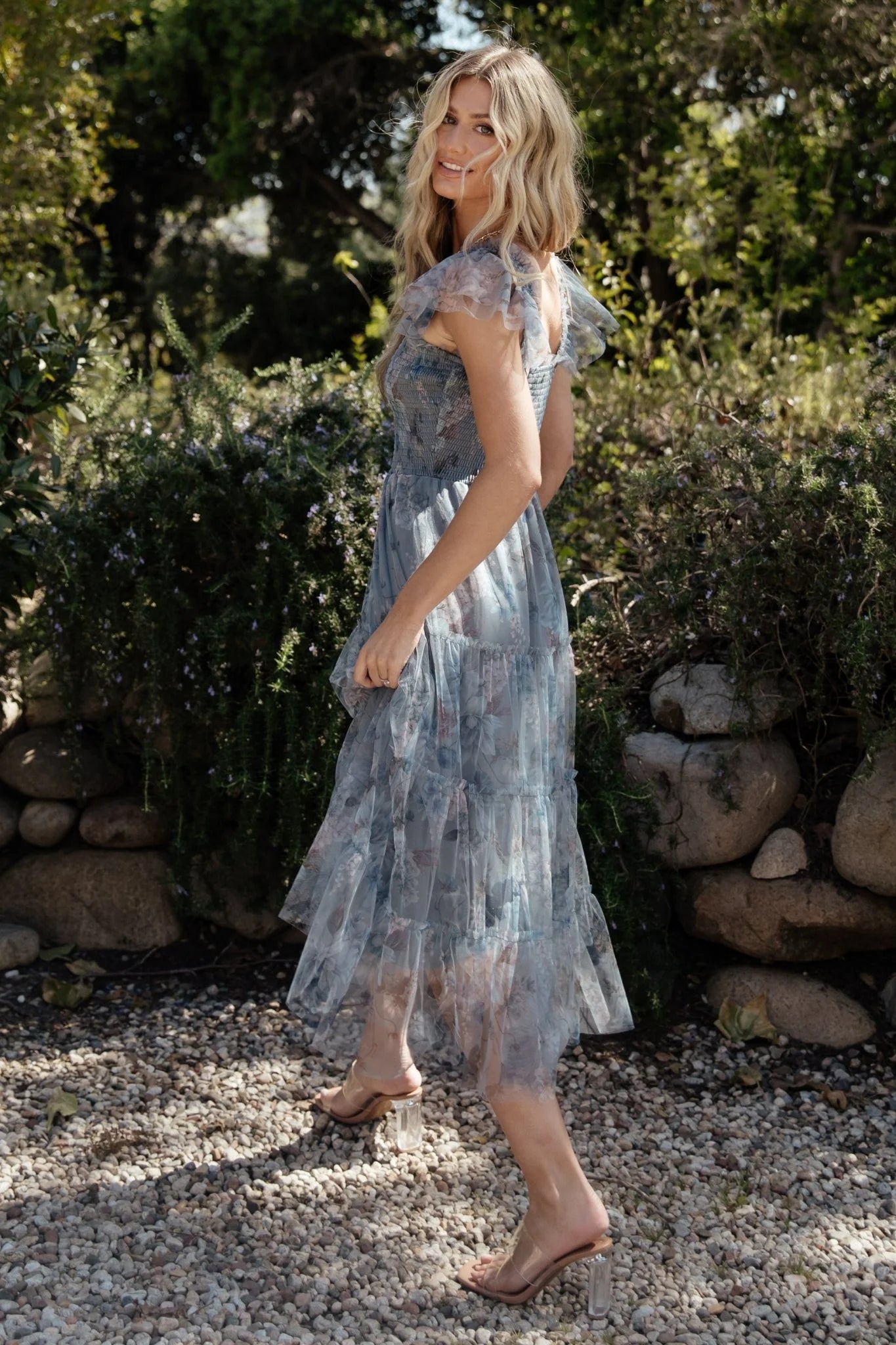 Clementine Tulle Midi Dress | Dusty Blue Floral