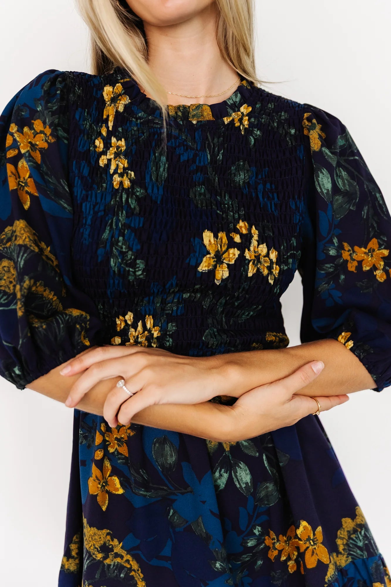 Lena Tiered Midi Dress | Navy + Gold Floral