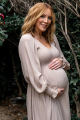 Lainey Smocked Dotted Midi Dress | Beige