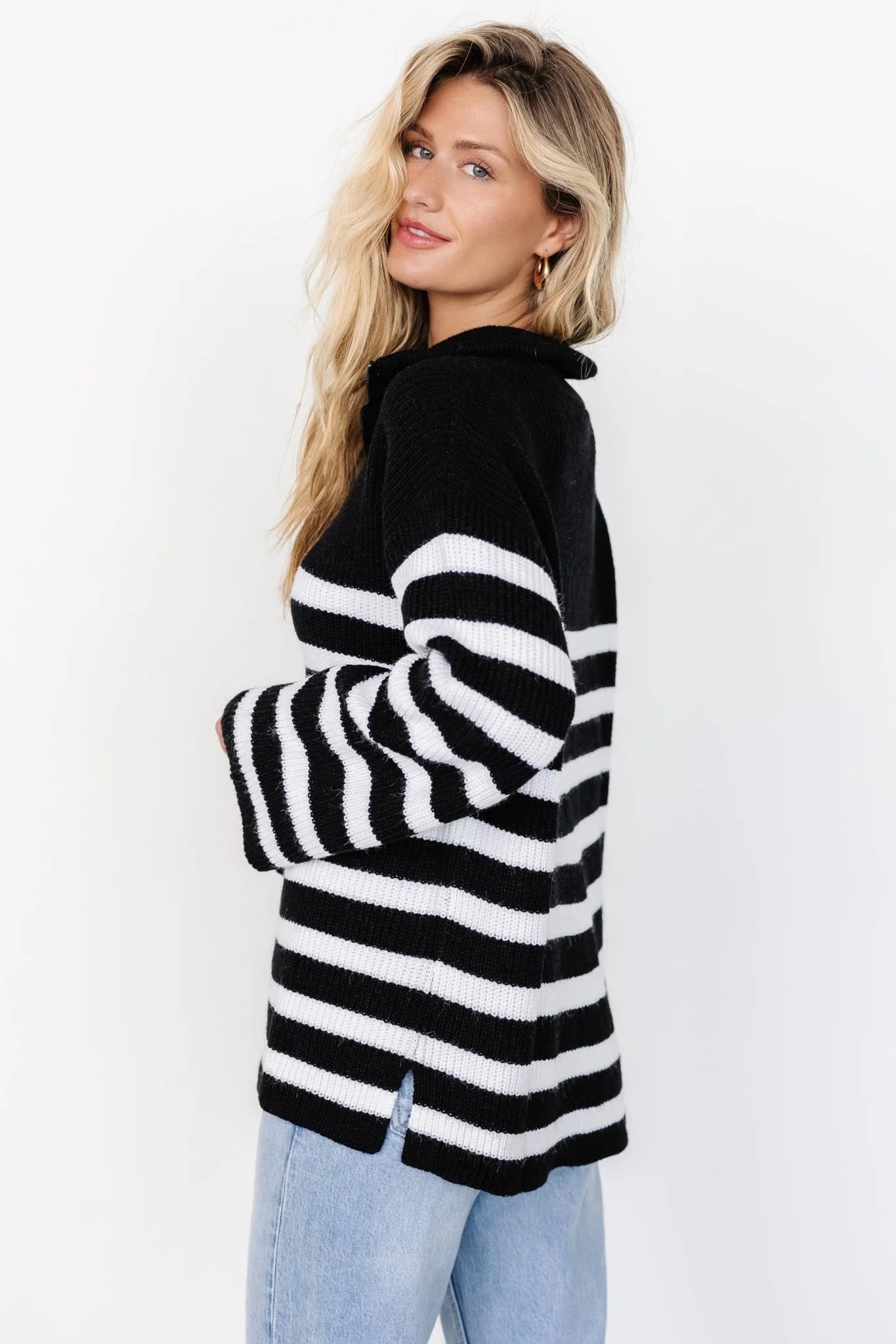 Elmer Striped Half Zip Sweater | Black + White
