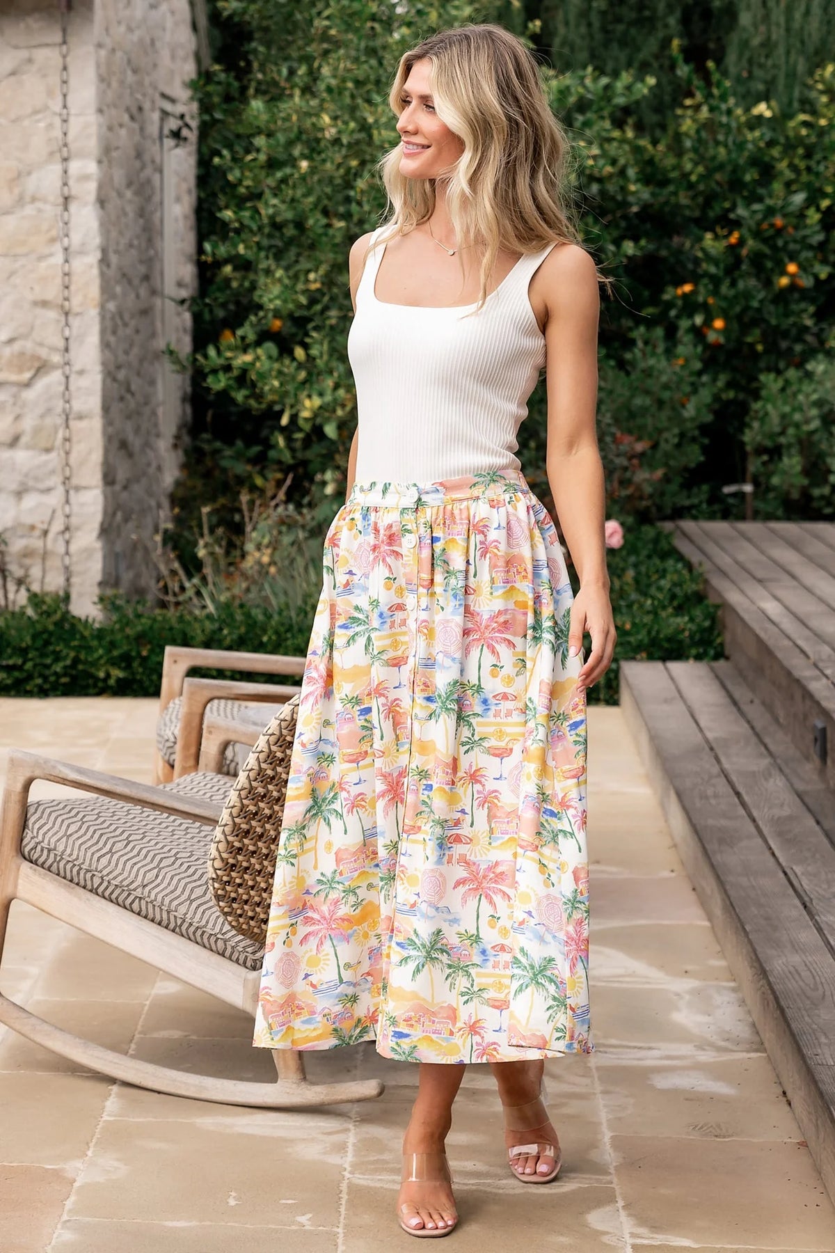 Gigi Button Midi Skirt | Off White + Multi Print
