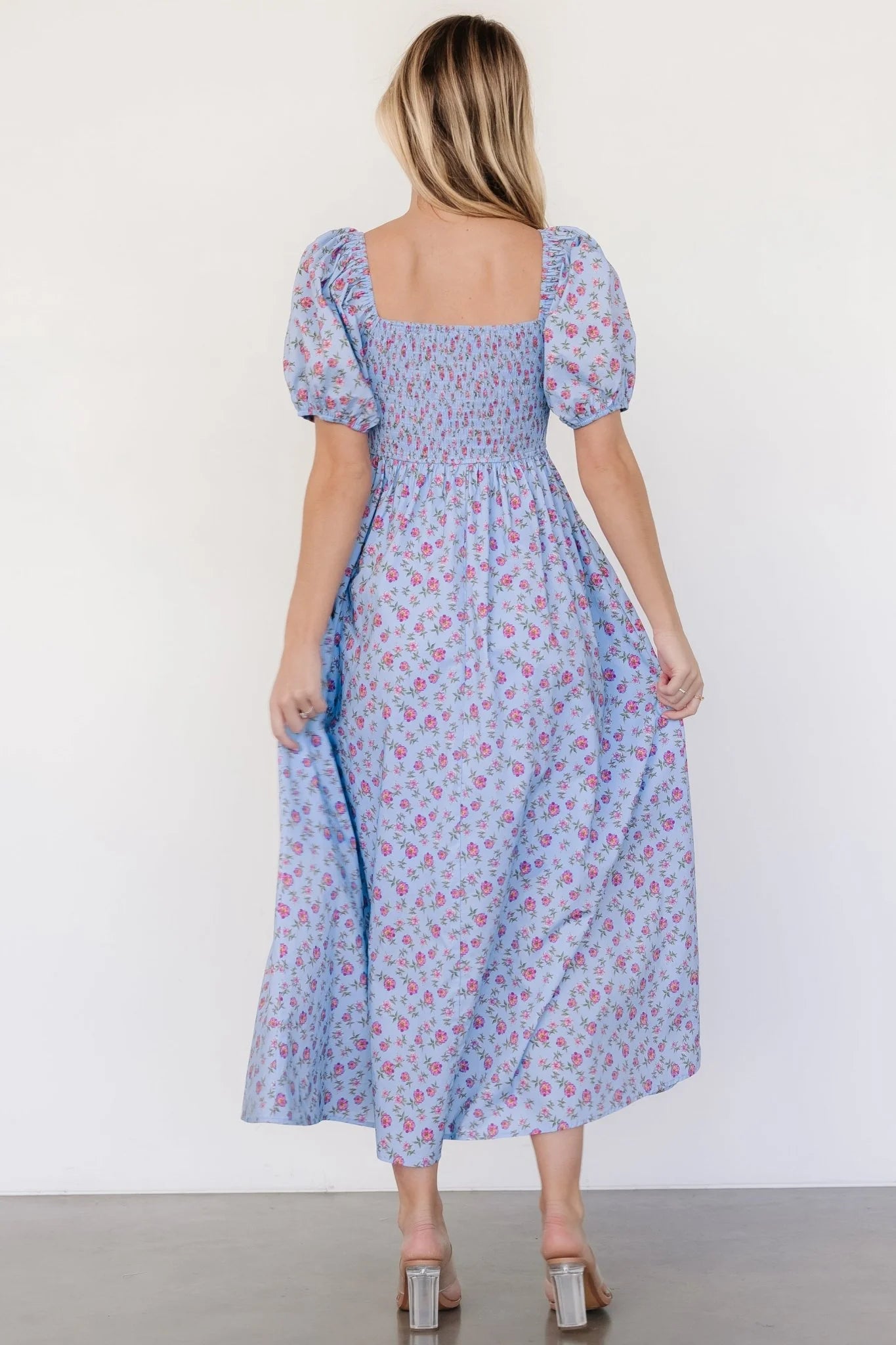 Haddie Smocked Midi Dress | Light Blue + Rose Floral