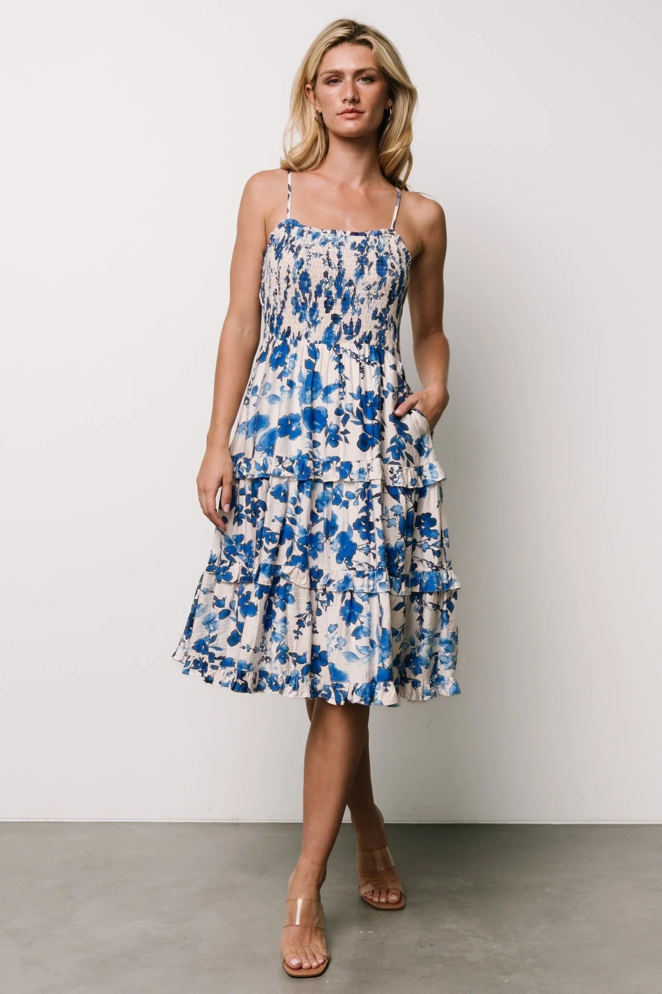 Calina Midi Dress | Ivory + Blue Floral