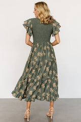 Estelle Smocked Midi Dress | Green + Tan Print