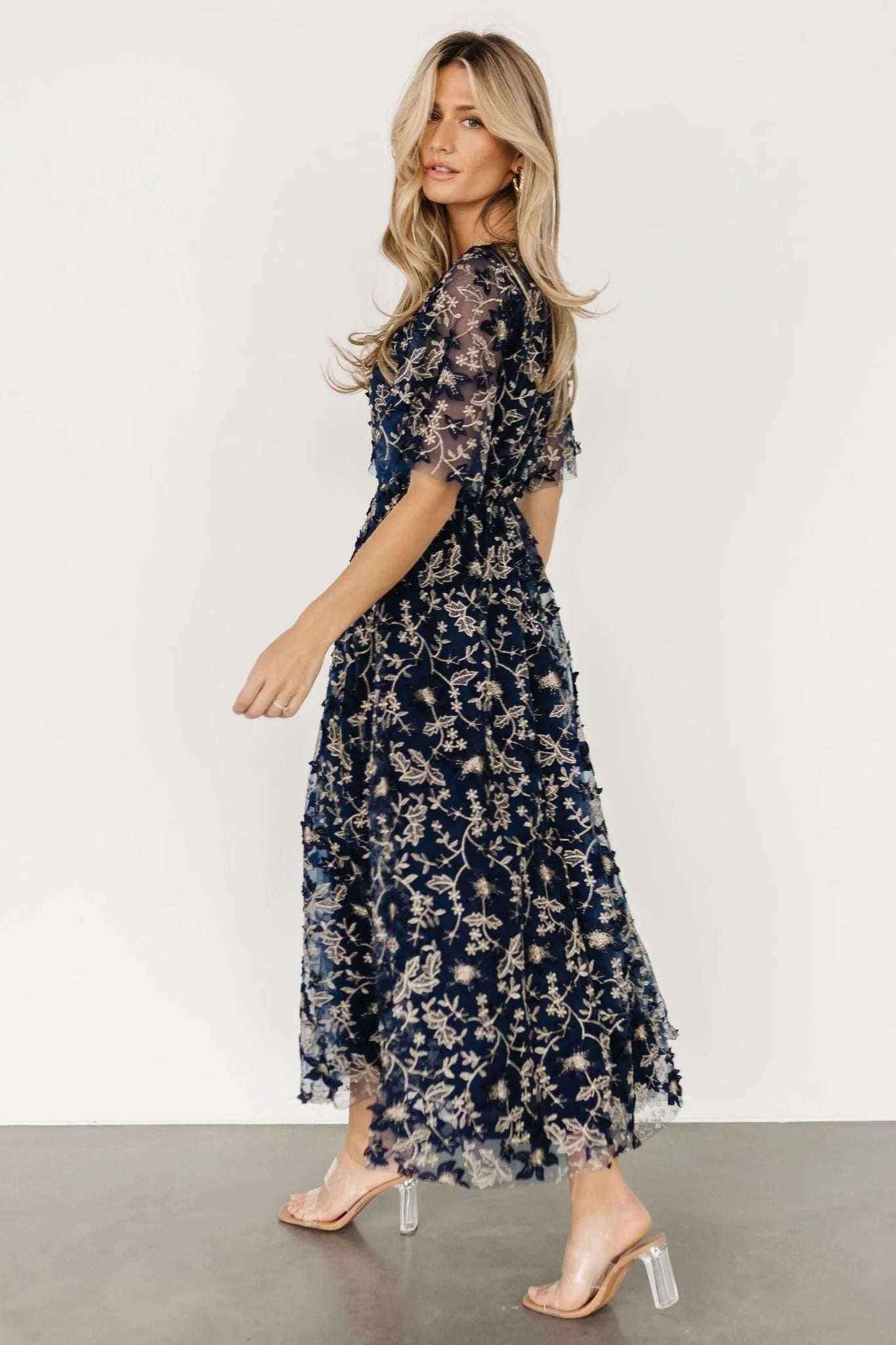 Arabella Embroidered Tulle Maxi Dress | Navy + Gold