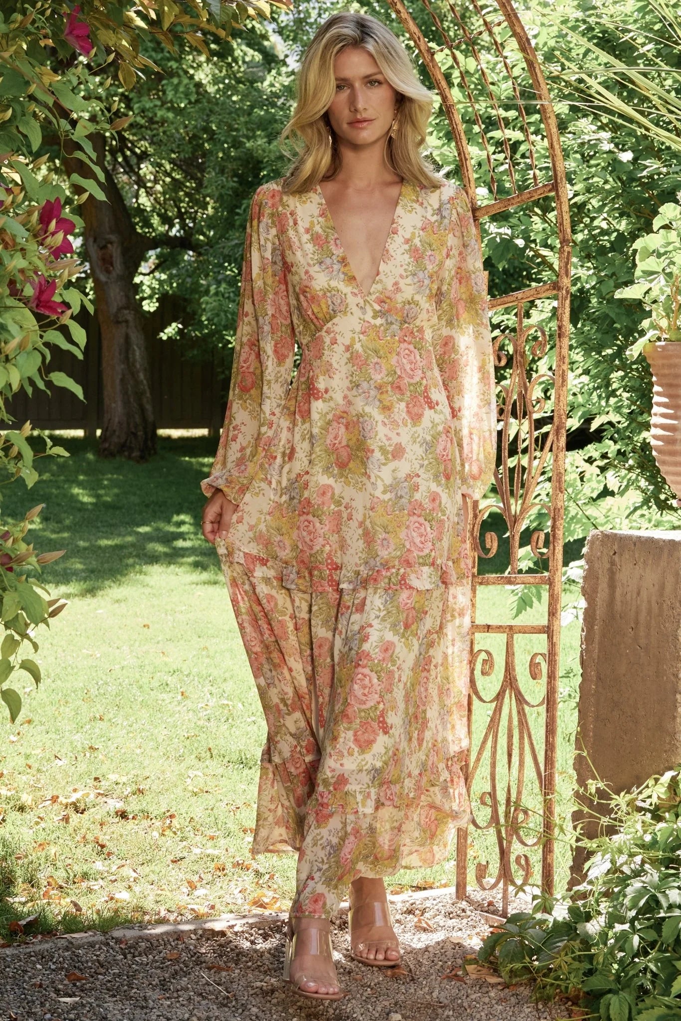 Bowman Deep V Maxi Dress | Cream Multi Floral