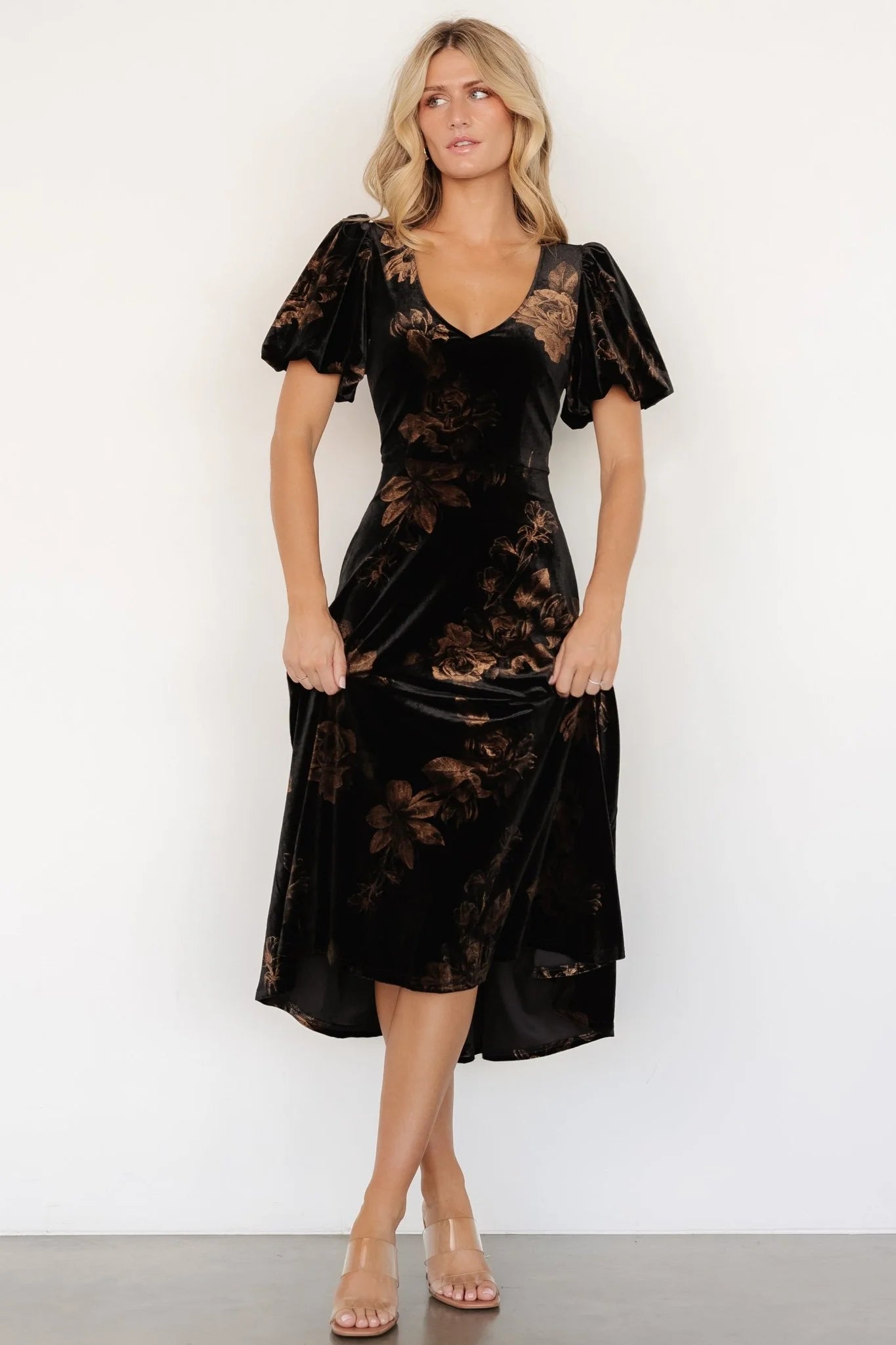 Janna Velvet Midi Dress | Black + Bronze Floral