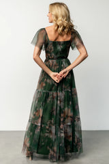 Nicola Tulle Maxi Dress | Deep Green Floral