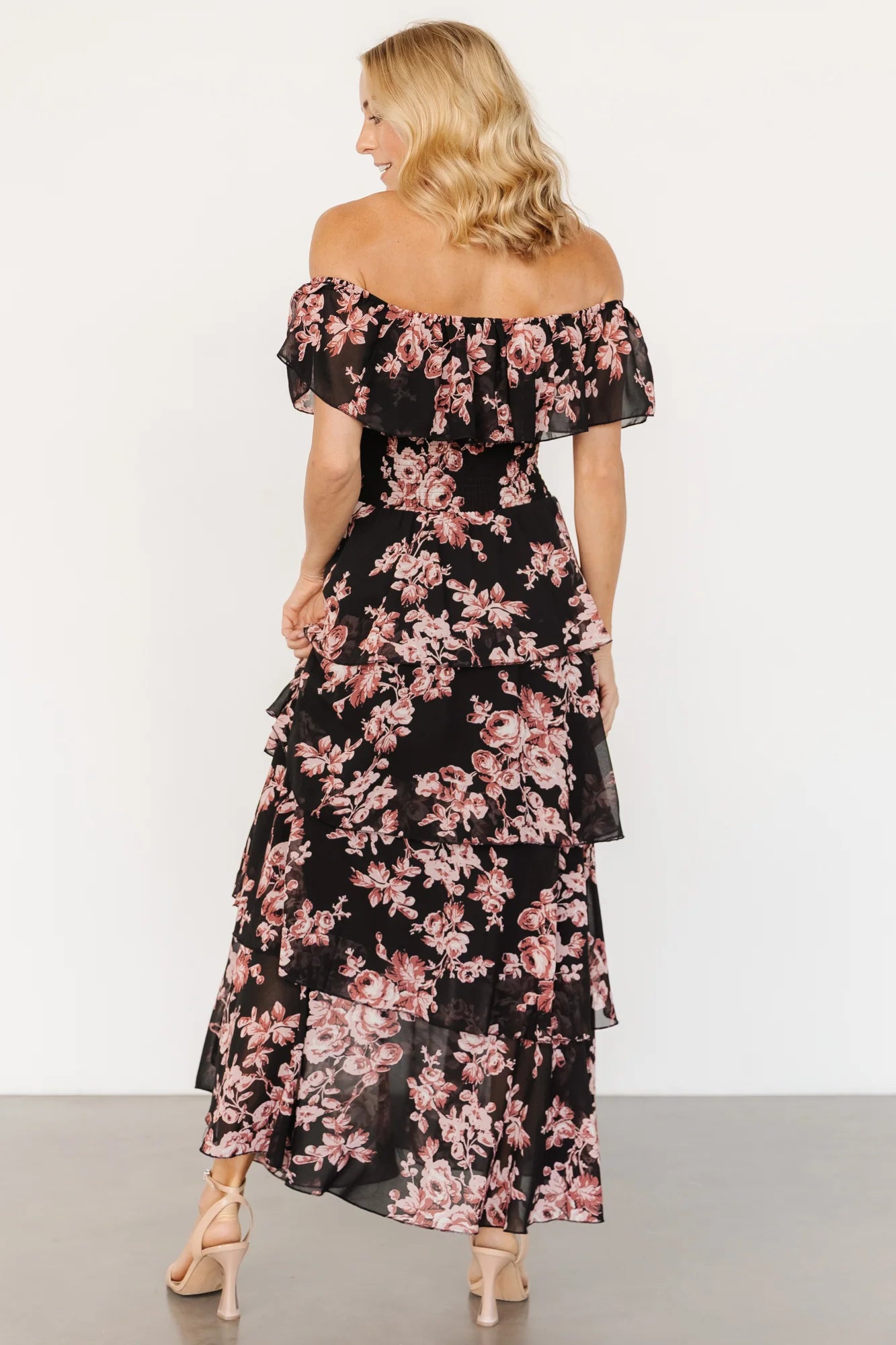 Carina Off Shoulder Maxi Dress | Black + Mauve Floral