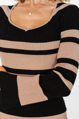 Marika Ribbed Dress | Camel + Black Stripe