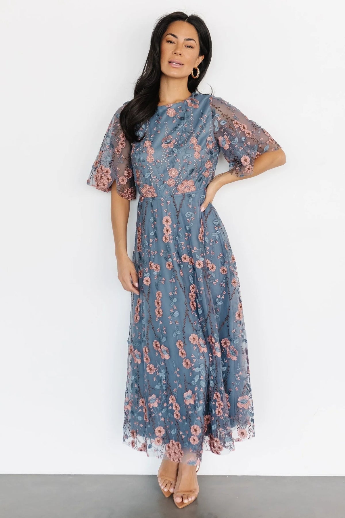 Arabella Embroidered Tulle Maxi Dress | Blue + Pink