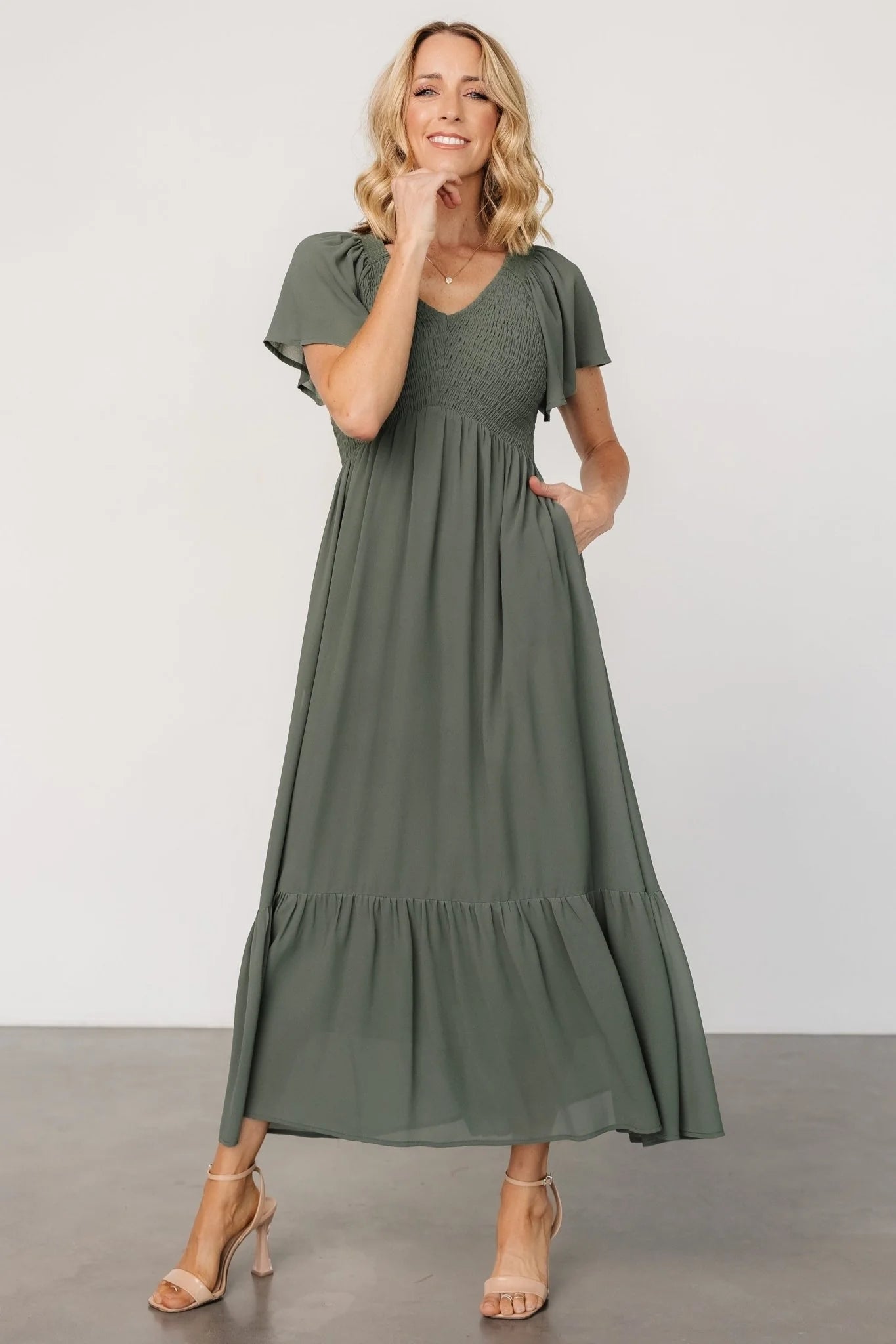 Monica Smocked Dress | Dark Sage