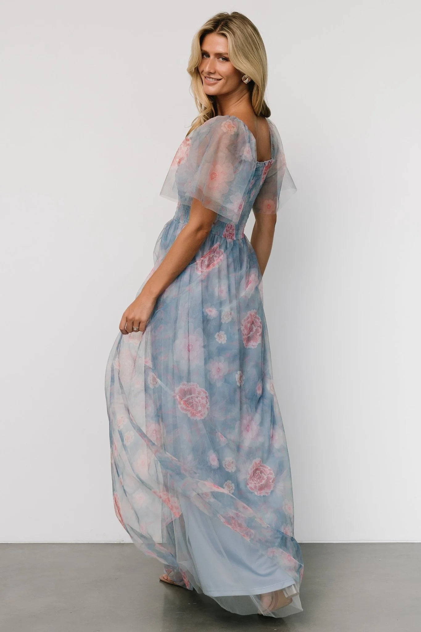 Cassandra Tulle Maxi Dress | Light Blue + Pink Floral
