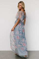 Cassandra Tulle Maxi Dress | Light Blue + Pink Floral