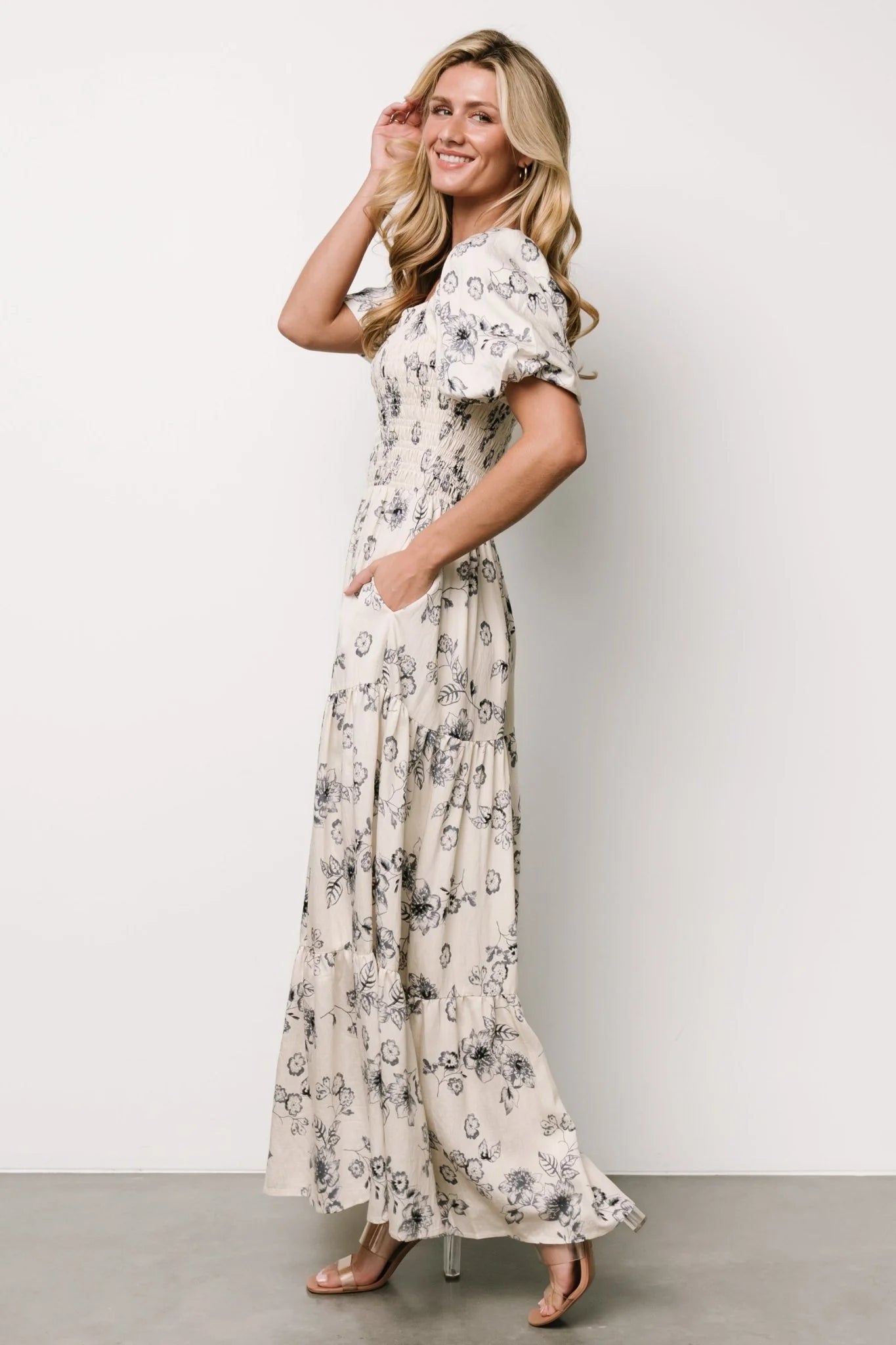 Susanna Smocked Maxi Dress | Ivory + Blue Floral