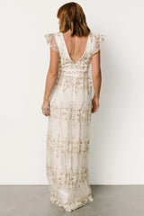 Eva Embroidered Maxi Dress | White + Gold