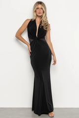 Roma Deep V Halter Gown | Black