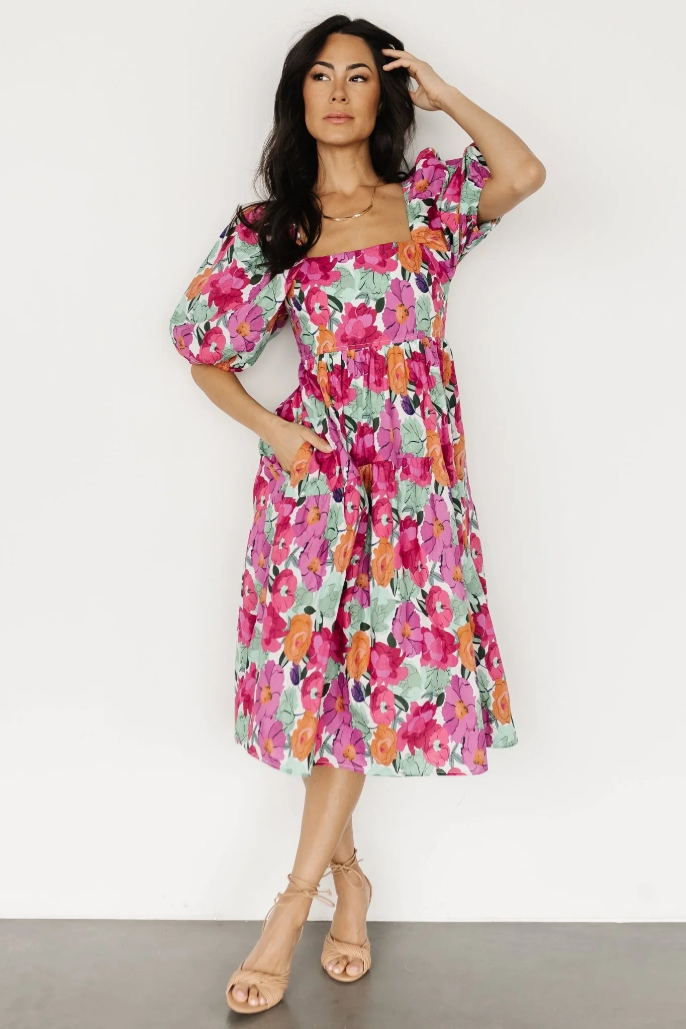 Aimee Puff Sleeve Midi Dress | Pink Multi