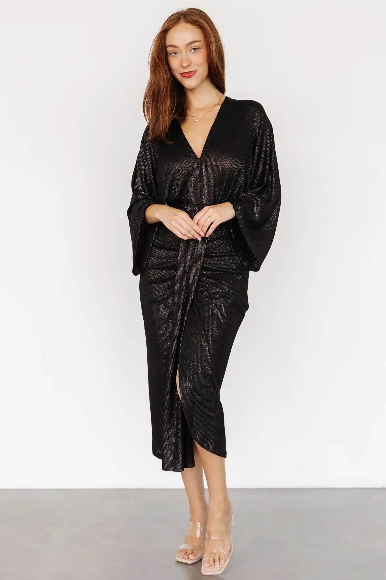 Ciara Ruched Midi Dress | Black Metallic