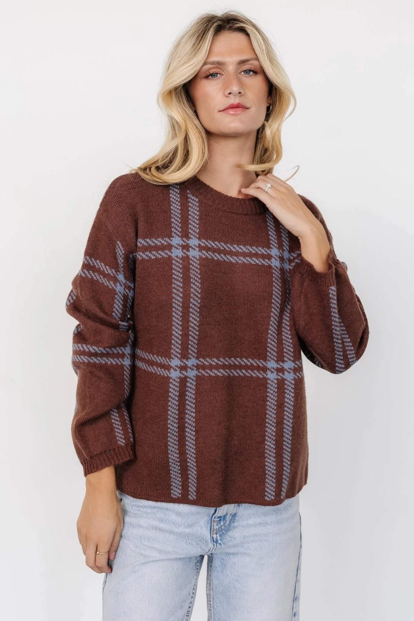 Francie Sweater | Brown + Blue Plaid