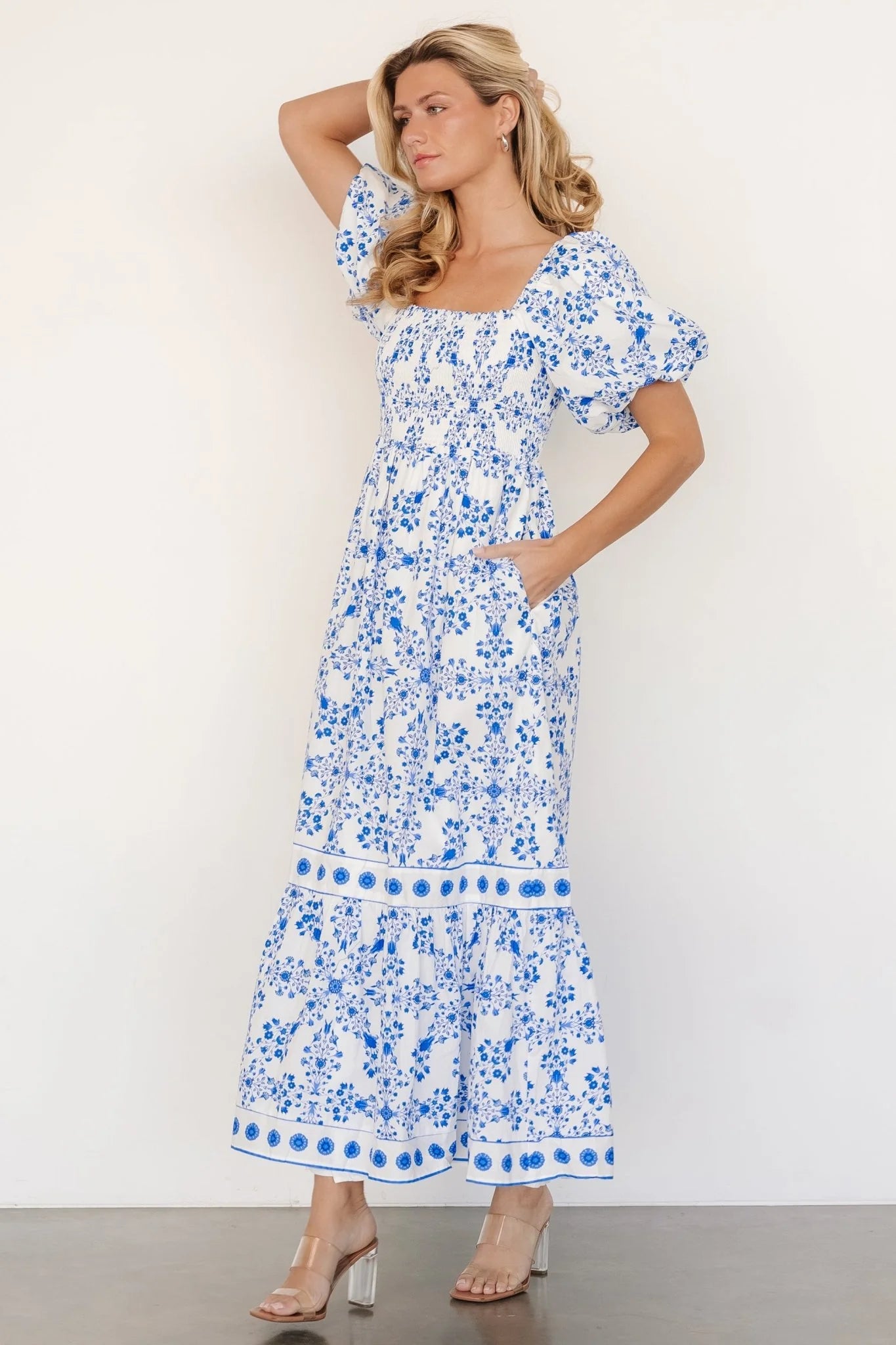 Lexa Smocked Maxi Dress | Off White + Blue Floral