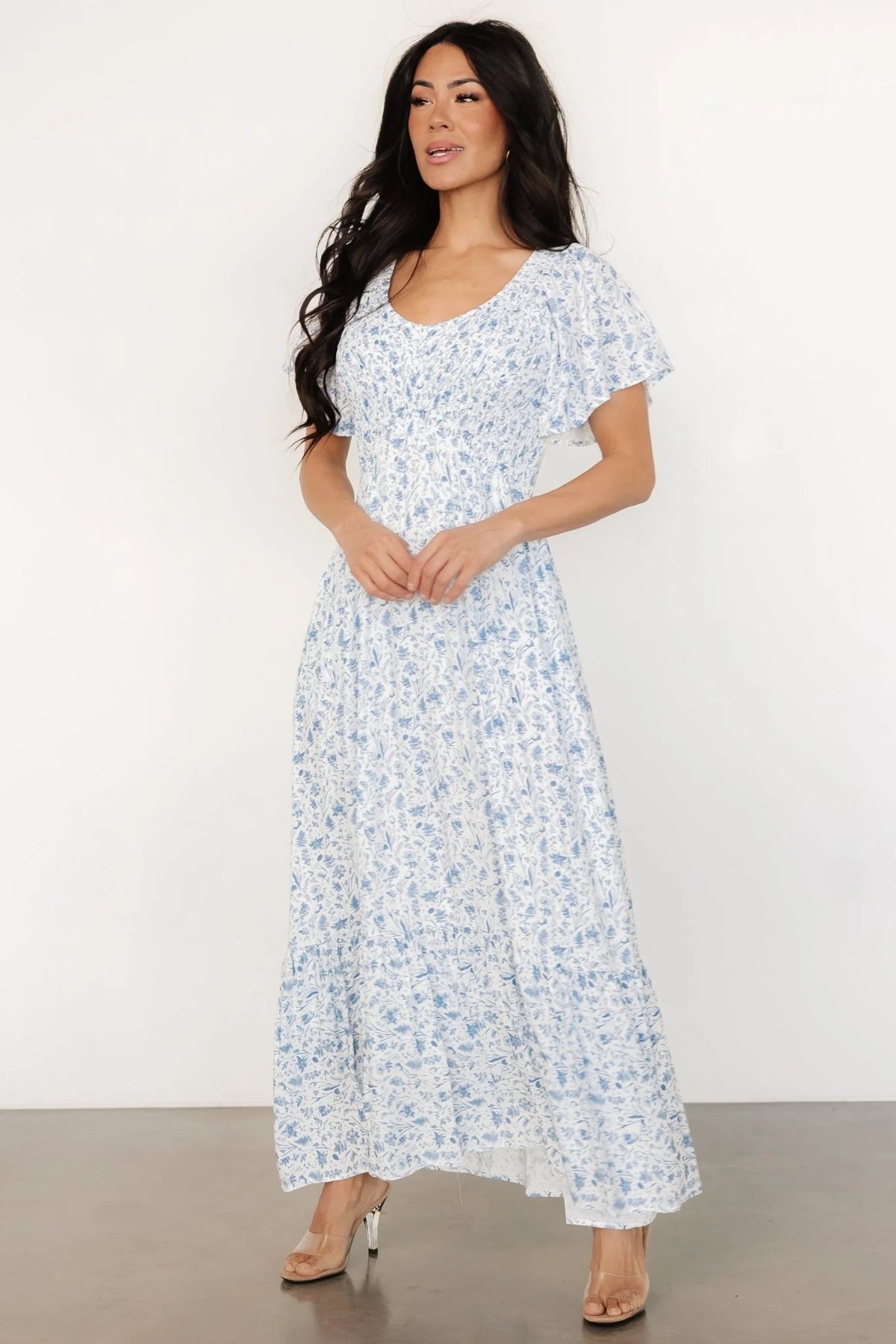 Joanie Smocked Dress | White + Blue Floral