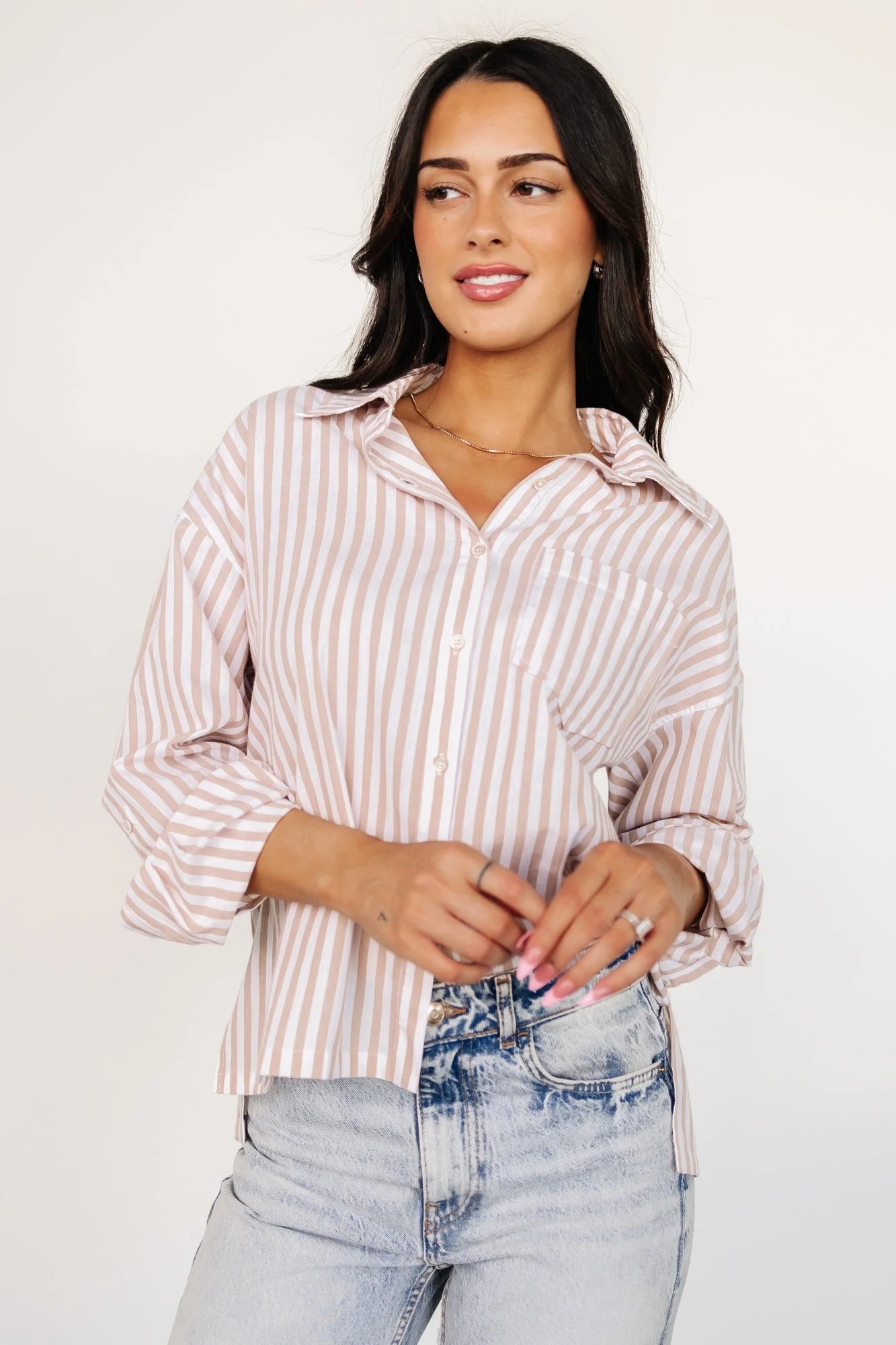 Shasta Button Up Top | Beige Stripe