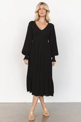 Lainey Smocked Dotted Midi Dress | Black