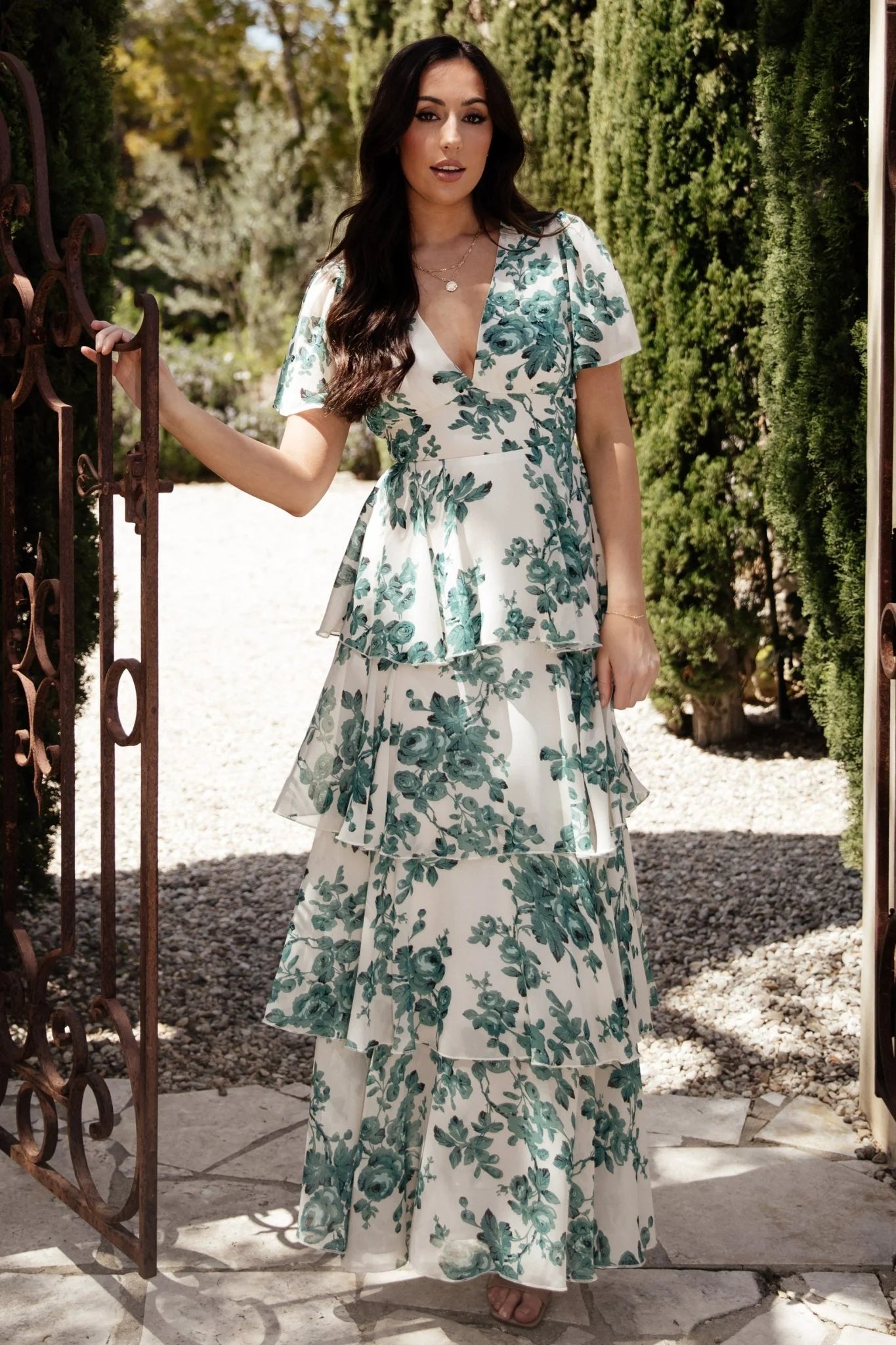 Montaigne Ruffle Maxi Dress | Ivory + Green Floral