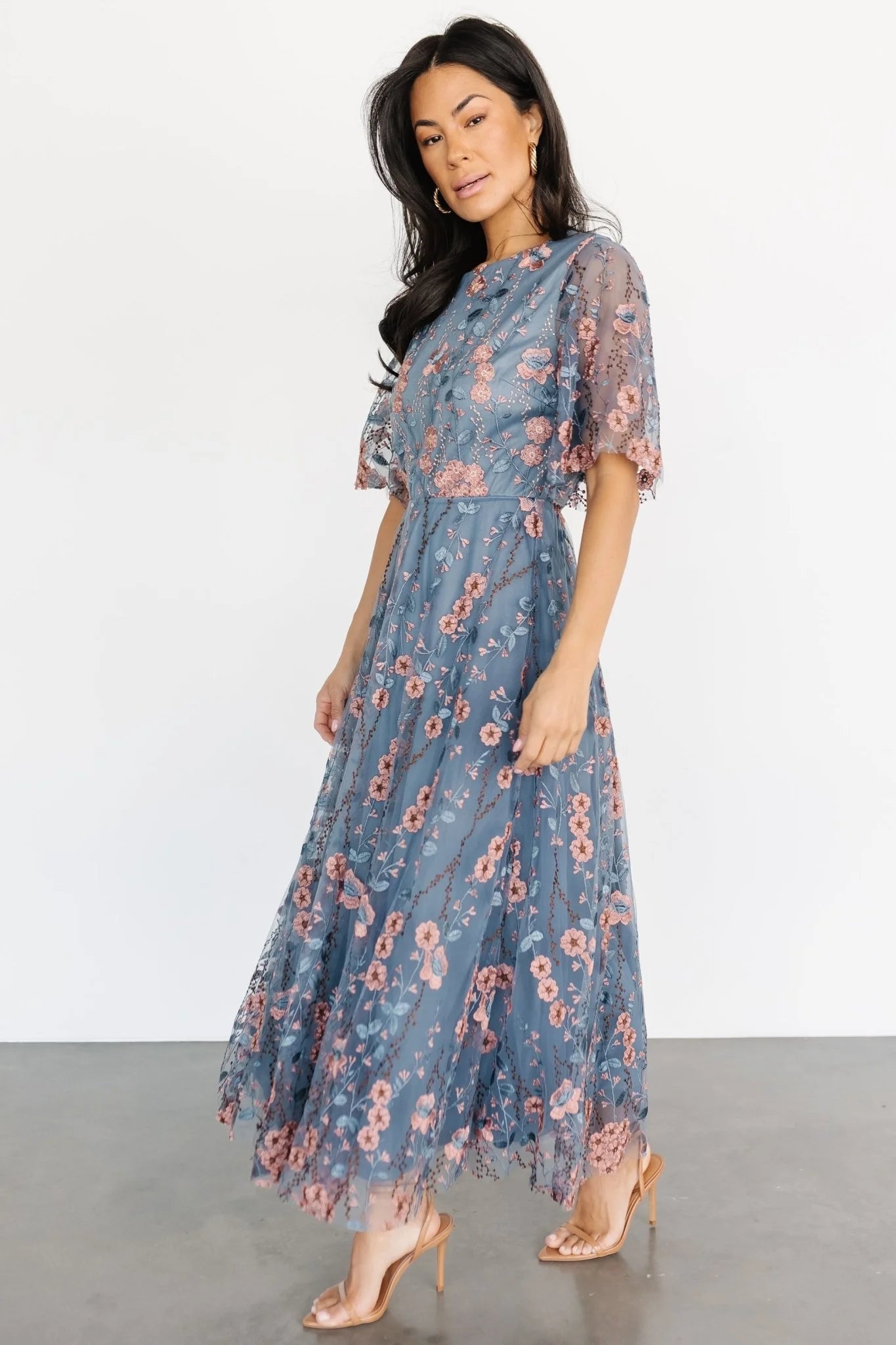 Arabella Embroidered Tulle Maxi Dress | Blue + Pink