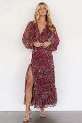 Bowman Deep V Maxi Dress | Burgundy Multi
