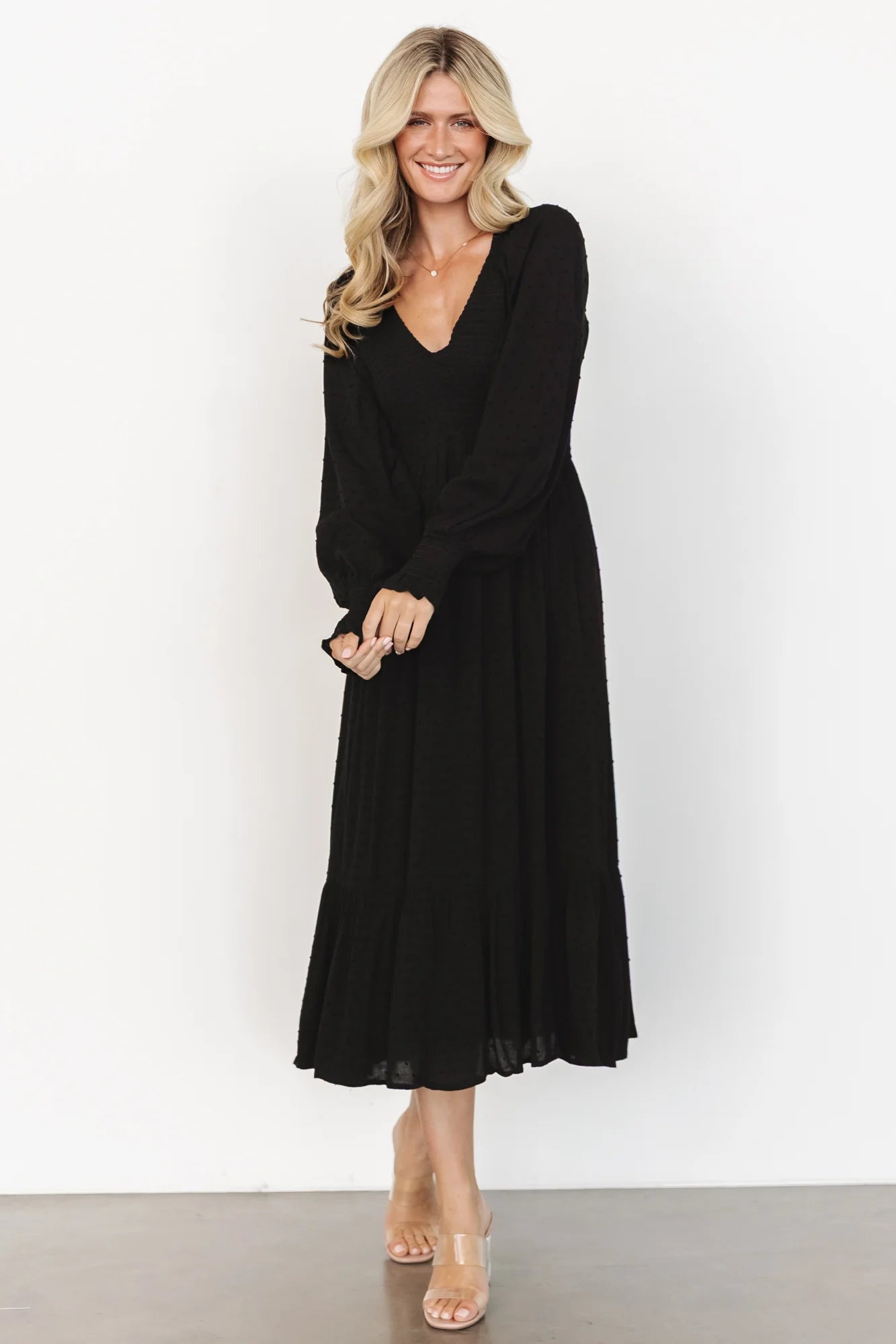 Lainey Smocked Dotted Midi Dress | Black