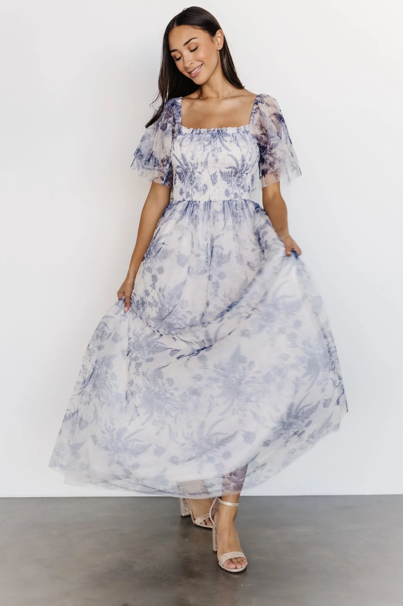 Cassandra Tulle Maxi Dress | Blue + White Floral