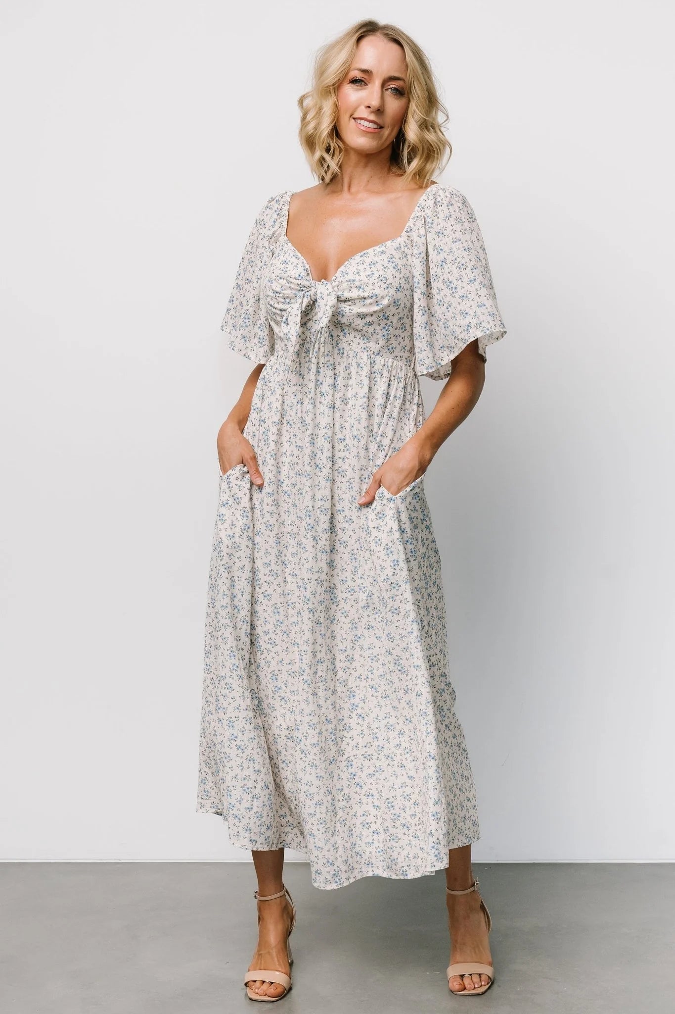 Carah Tie Dress | Off White + Blue Floral