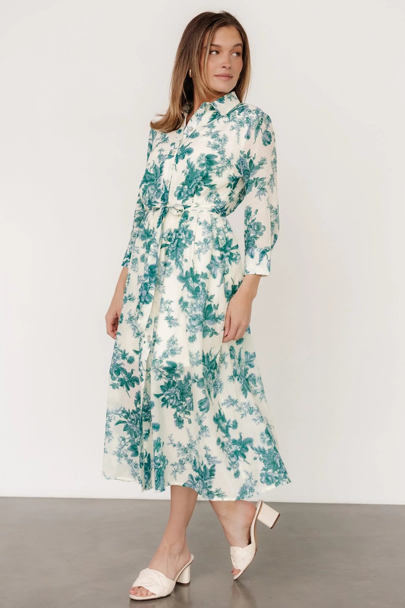 Eunice Button Midi Dress | Cream + Green Floral