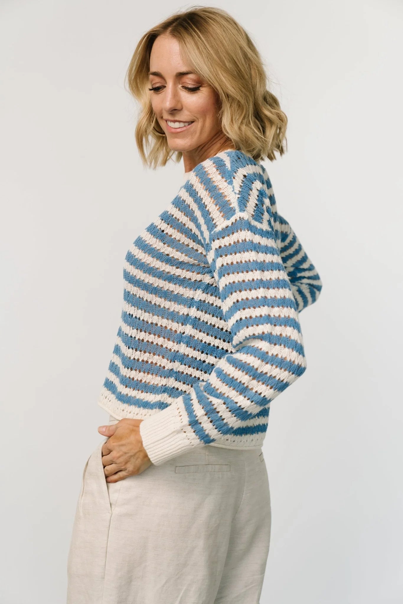 Dawn Open Knit Top | Blue + Ivory