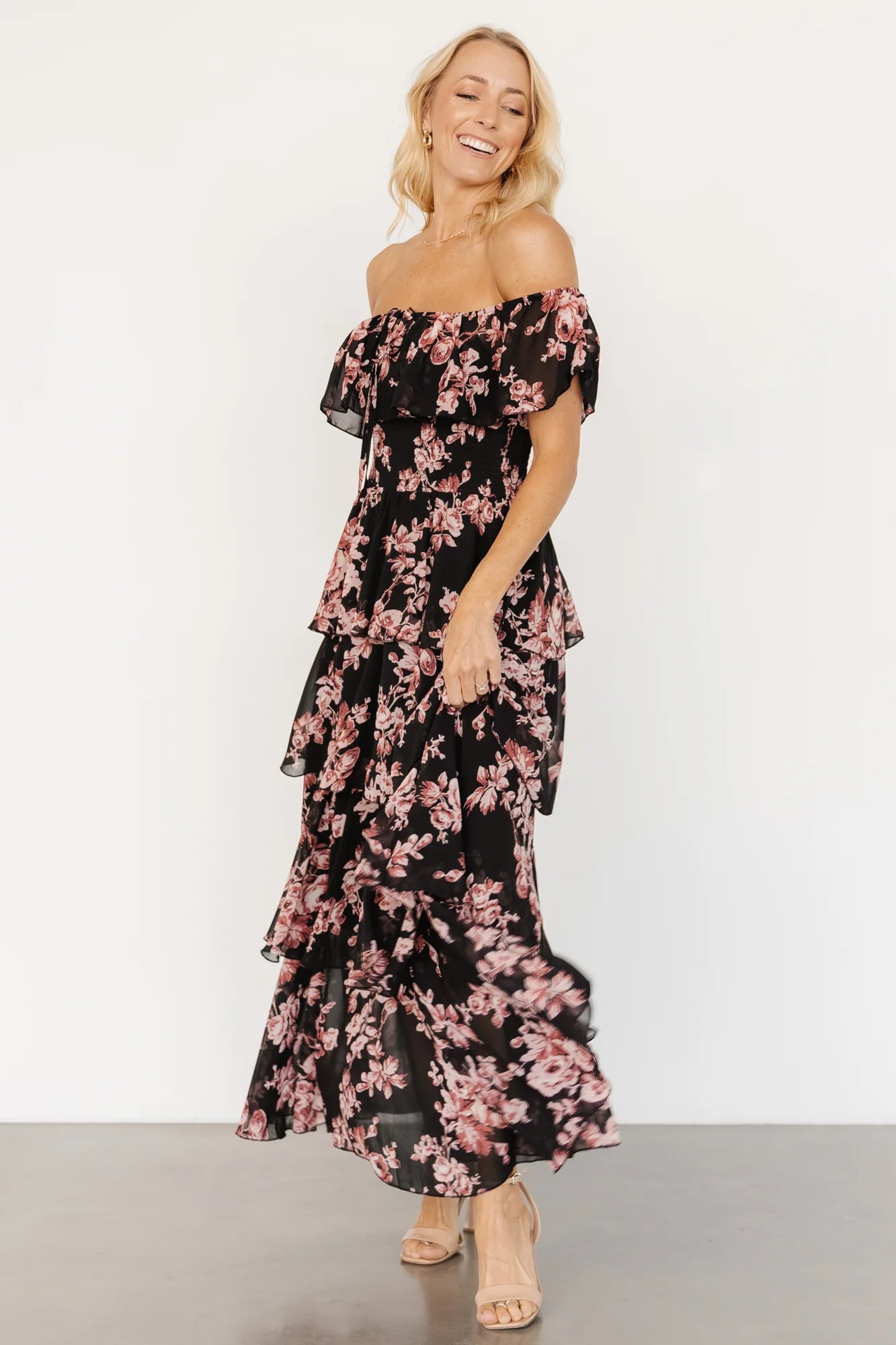 Carina Off Shoulder Maxi Dress | Black + Mauve Floral