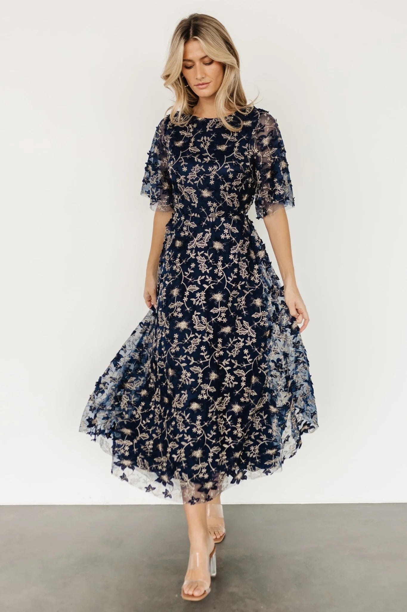 Arabella Embroidered Tulle Maxi Dress | Navy + Gold