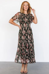 Mara Embroidered Tulle Dress | Dark Green + Blush Floral
