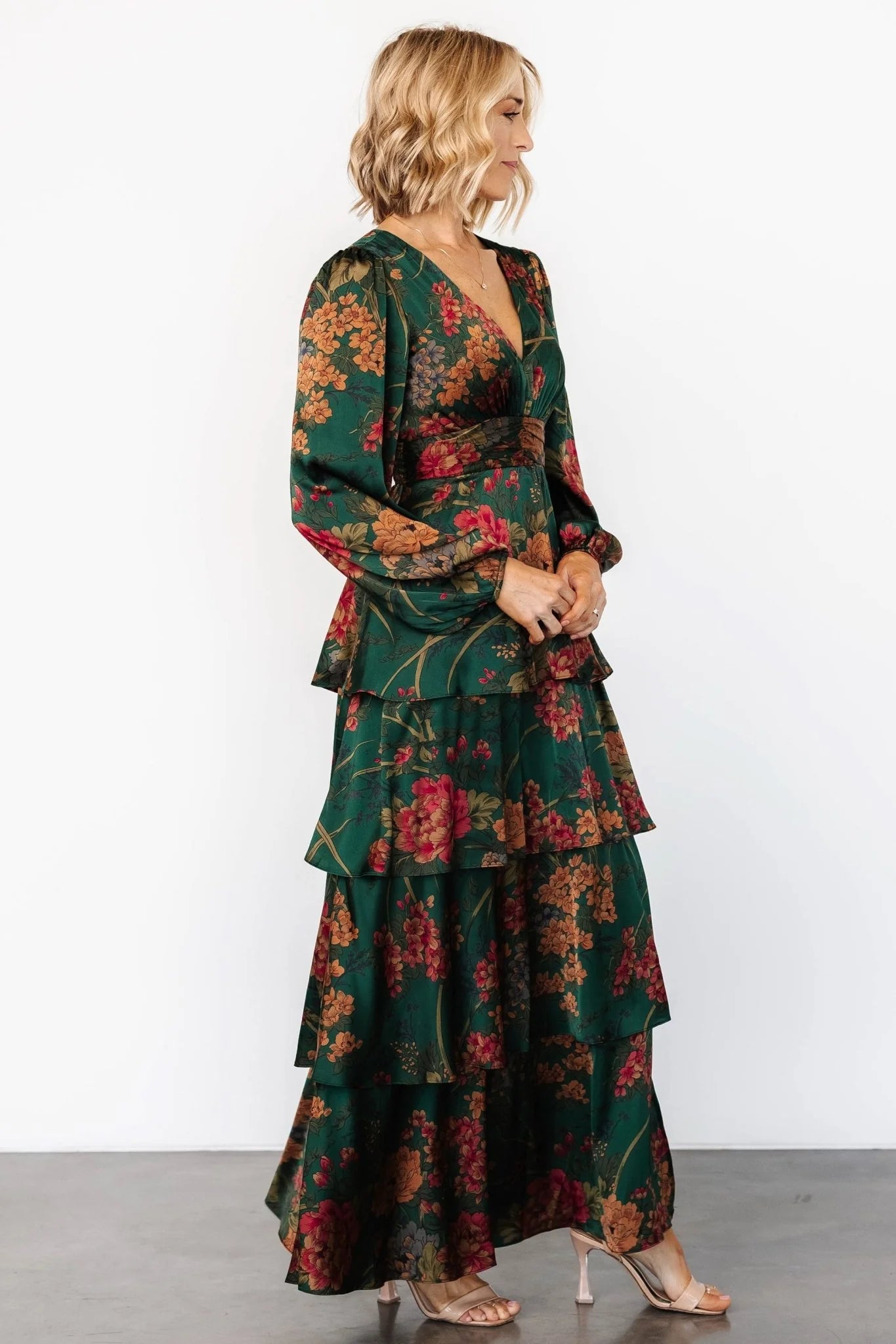 Montrouge Tiered Satin Dress | Emerald Floral