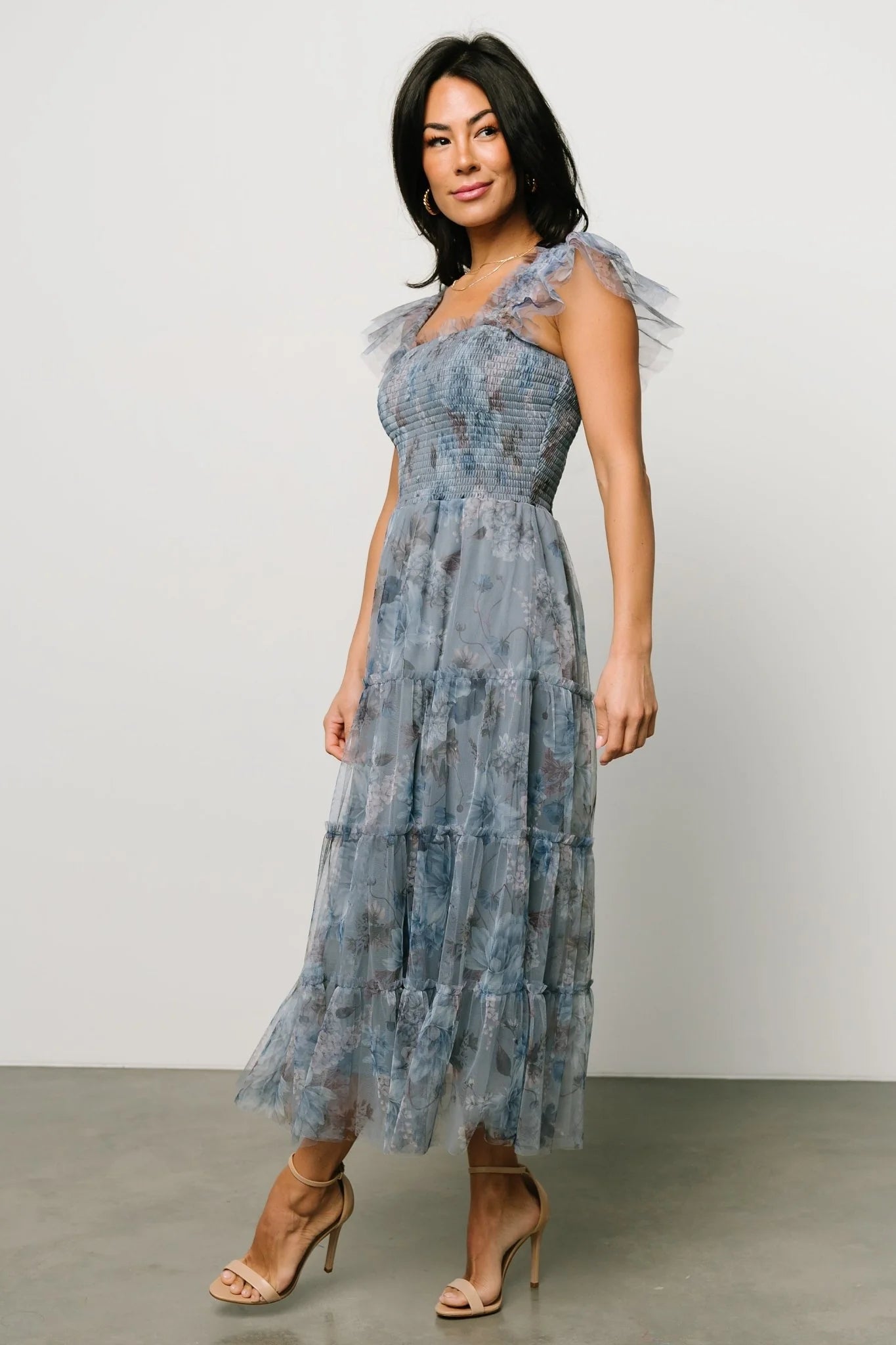 Clementine Tulle Midi Dress | Dusty Blue Floral