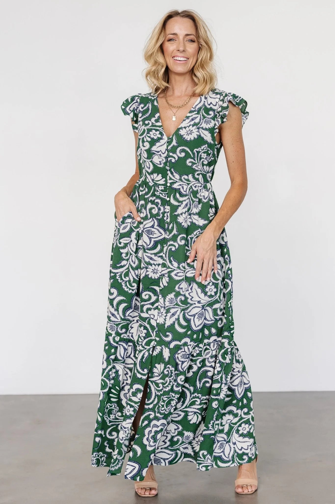 Kaia Button Maxi Dress | Green Print