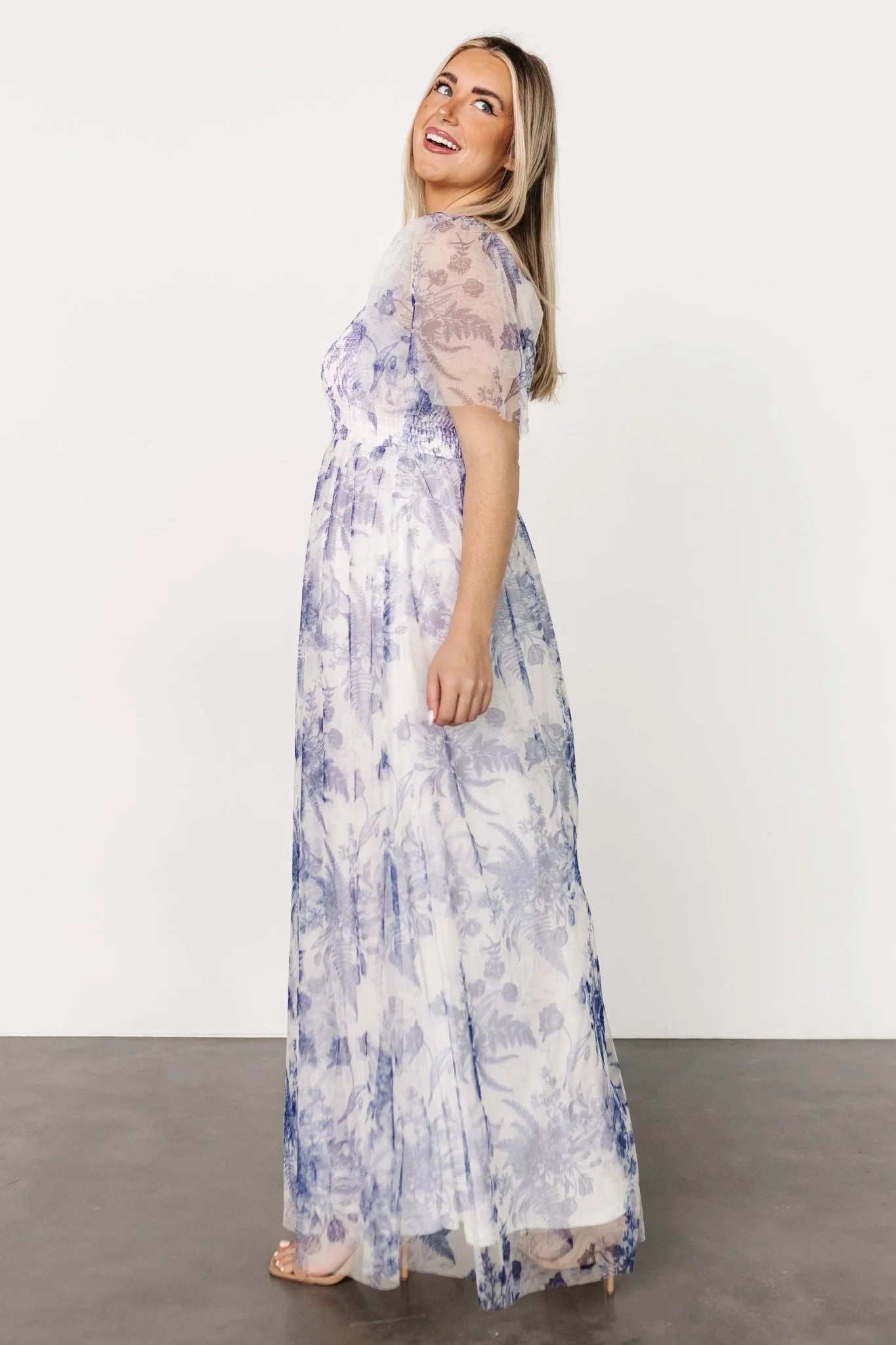 Cassandra Tulle Maxi Dress | Blue + White Floral