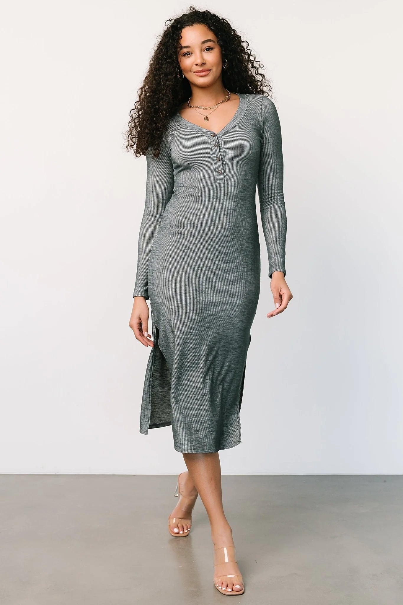 Denver Ribbed Midi Dress | Heathered Jade