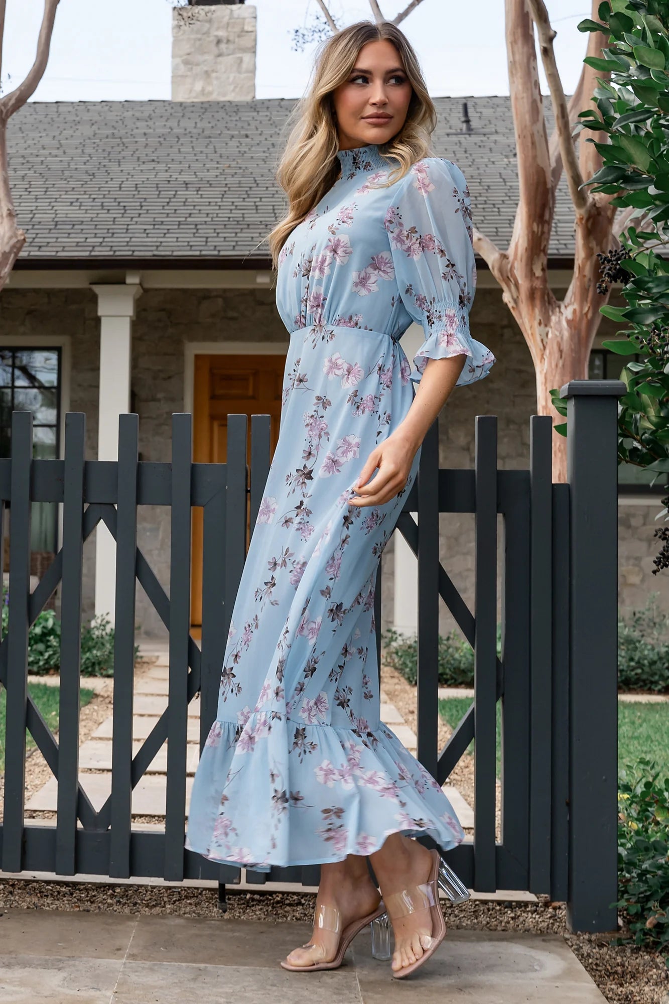 Marie Mock Neck Maxi Dress | Sky Blue Floral
