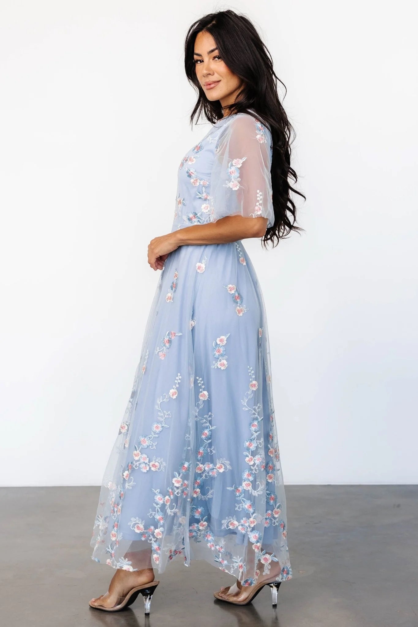 Arabella Embroidered Tulle Maxi Dress | Light Blue + Blush